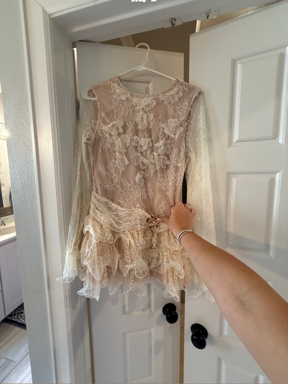 Lace Ruffle Mini Dress in Cream with Floral Appliqué